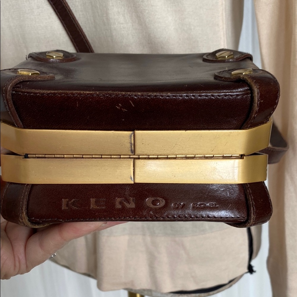 KENO by RO -EL Elegant Brown and Gold Box Crossbody 100% leather Handbag - Picture 5 of 16